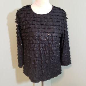 Black Sequin Long Sleeve Ruffle Top